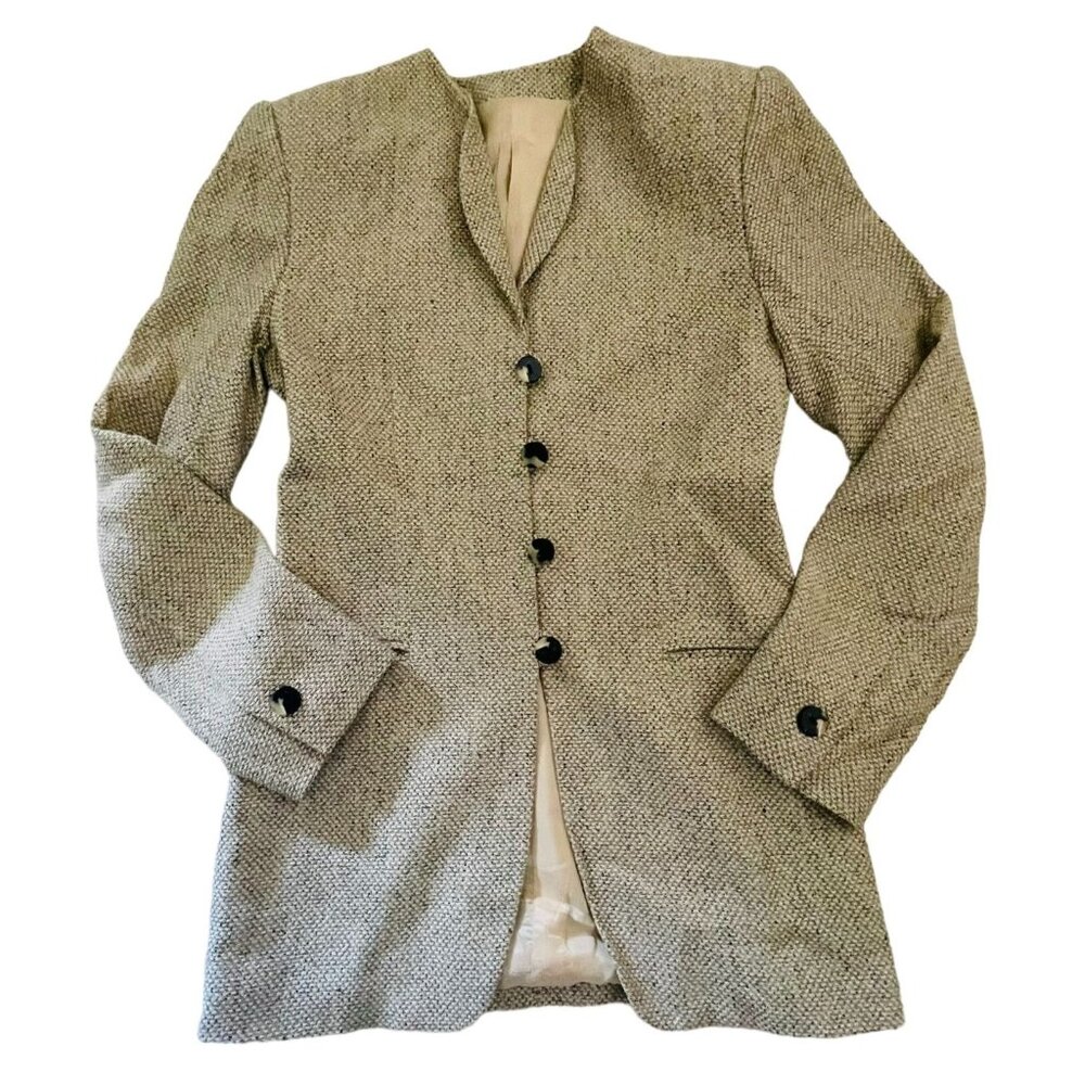 Vintage Linen Blend Womens Tweed Blazer Sz 2 Y2K Unique 4 Button Detail